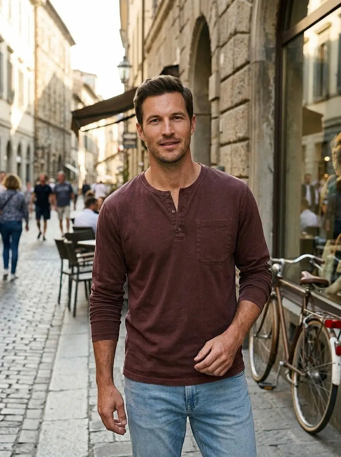 Men's cotton long sleeve Henley shirt with chest pocket, casual comfortable everyday wear, in a neutral color.