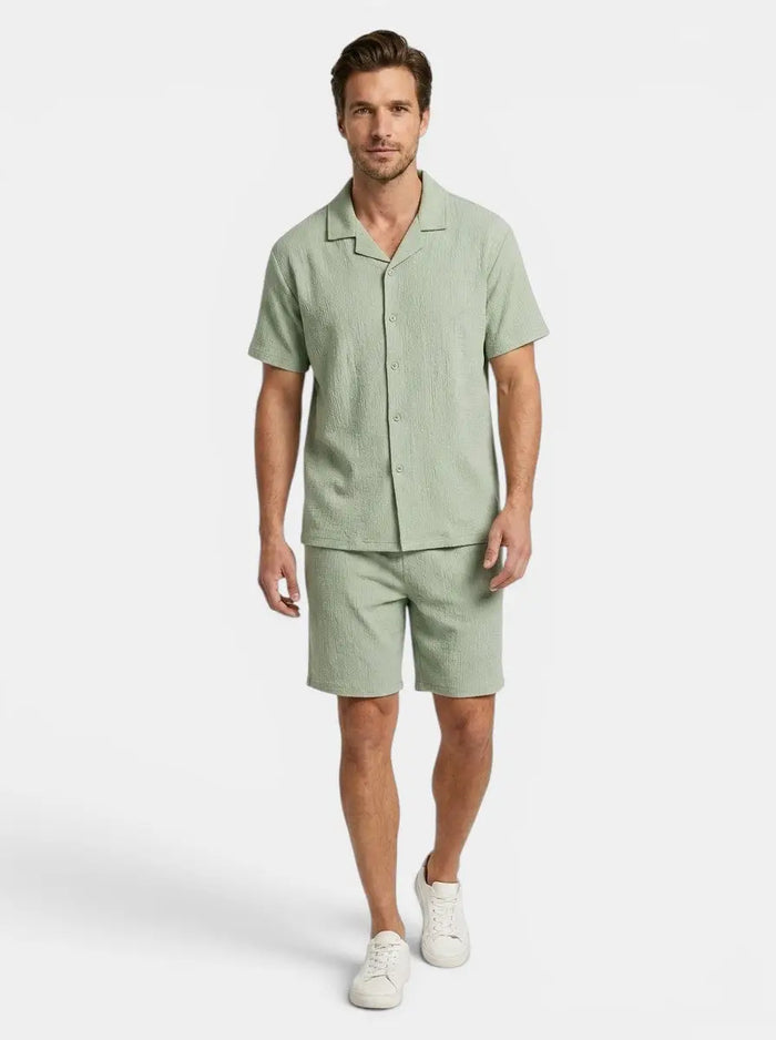 Men's crinkle fabric two-piece set with relaxed camp collar shirt and elasticated waist shorts, casual summer wear by LondonLaneStore