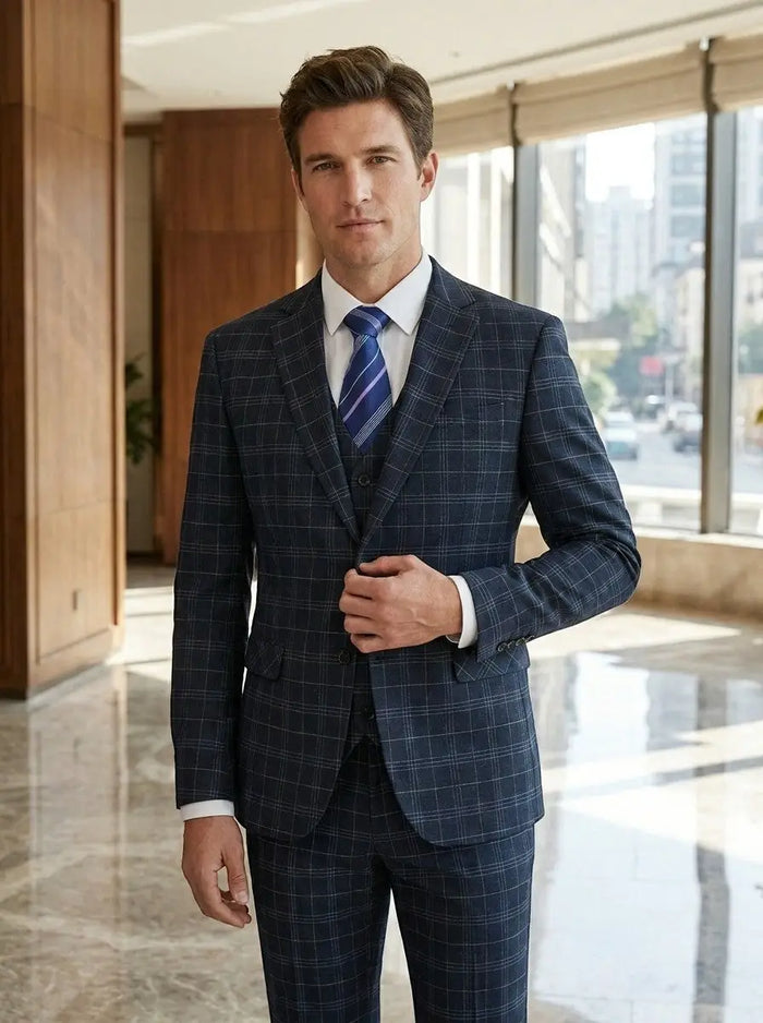 Men's checked 3-piece slim fit suit from LondonLaneStore, modern wedding attire with tailored jacket, vest, and trousers.