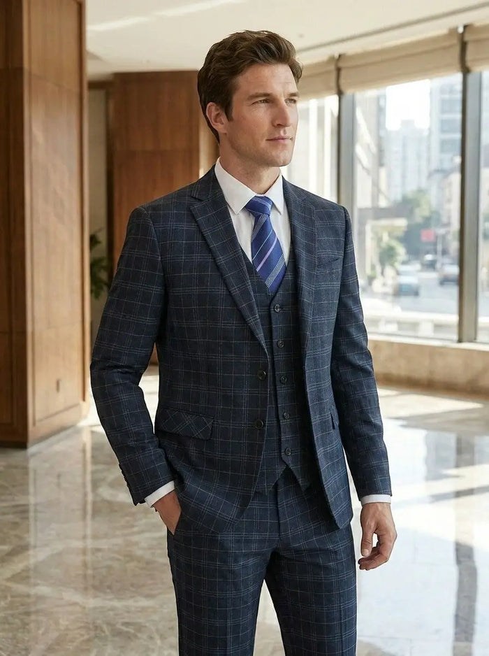 Men's checked 3-piece suit from LondonLaneStore featuring slim fit modern wedding attire, with a tailored blazer, vest, and matching trousers.