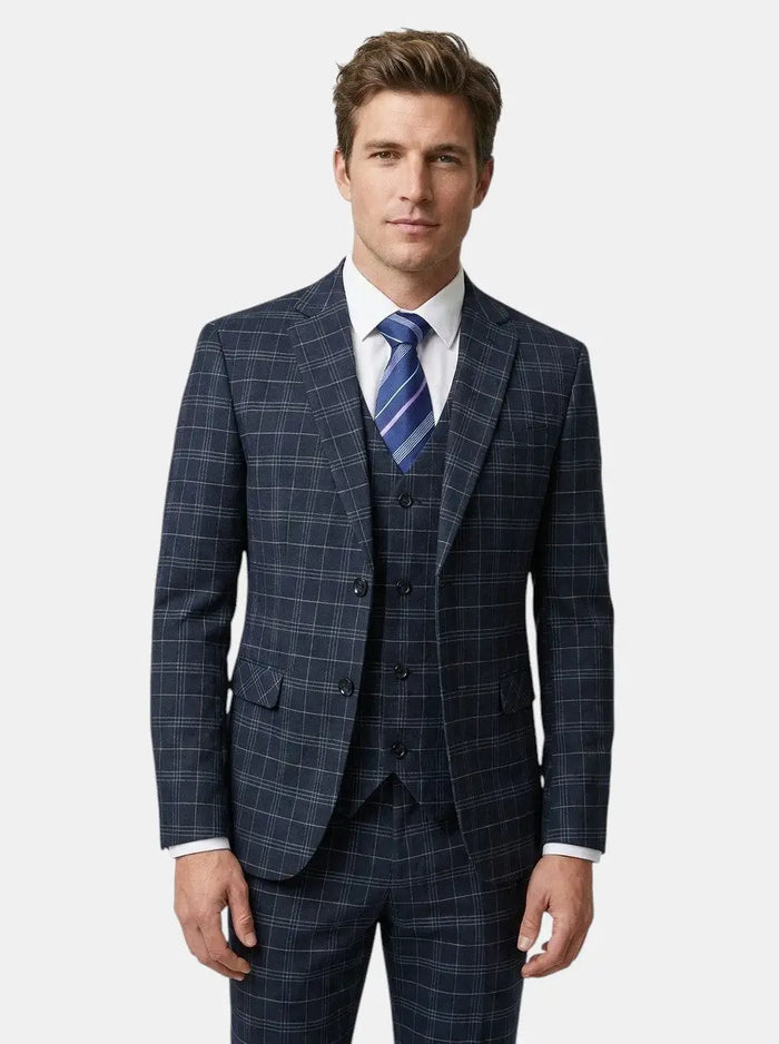 Men's elegant checked 3-piece suit from LondonLaneStore, slim fit modern wedding attire with jacket, vest, and trousers displayed.