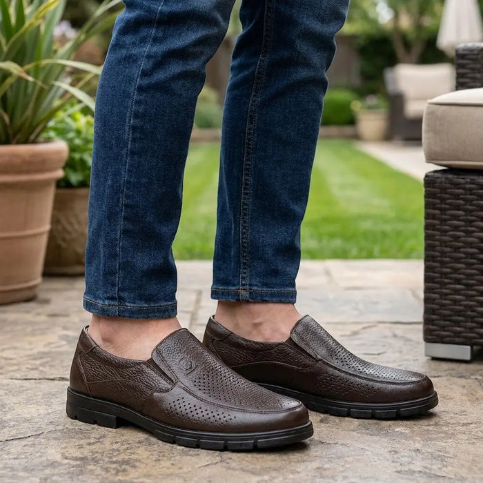 Men's genuine leather casual loafers by LondonLaneStore, handcrafted orthopedic flat shoes with a sleek, elegant design.