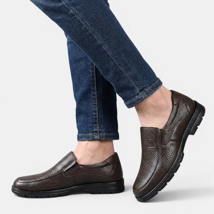 Men's genuine leather casual loafers by LondonLaneStore, handcrafted orthopedic flat shoes with a sleek, elegant design.