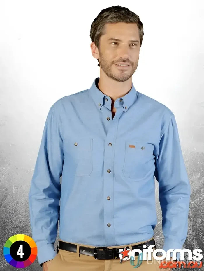 Blue industrial chambray long sleeve shirt perfect for work environments