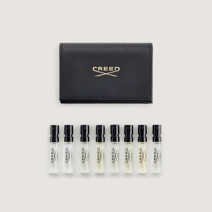 Black Saffiano Leather Wallet with 8 Men's Fragrance Samples - Flat Lay | Creed Boutique