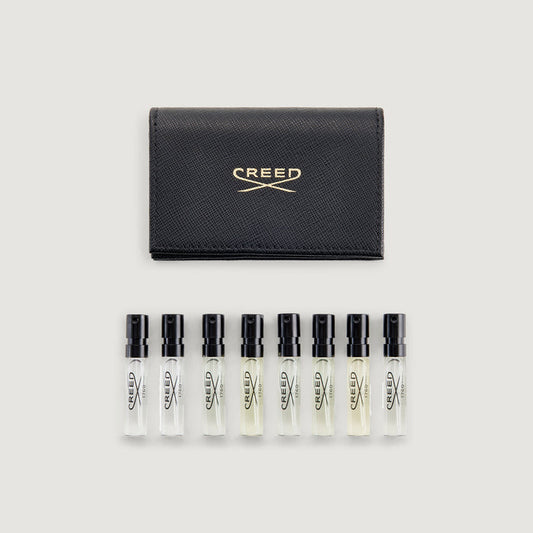 Black Saffiano Leather Wallet with 8 Men's Fragrance Samples - Flat Lay | Creed Boutique
