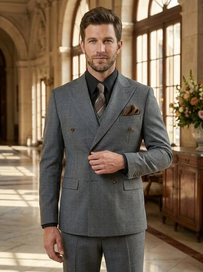 Men's lightweight check pattern three-piece suit by LondonLaneStore, tailored formal wedding attire with elegant design.