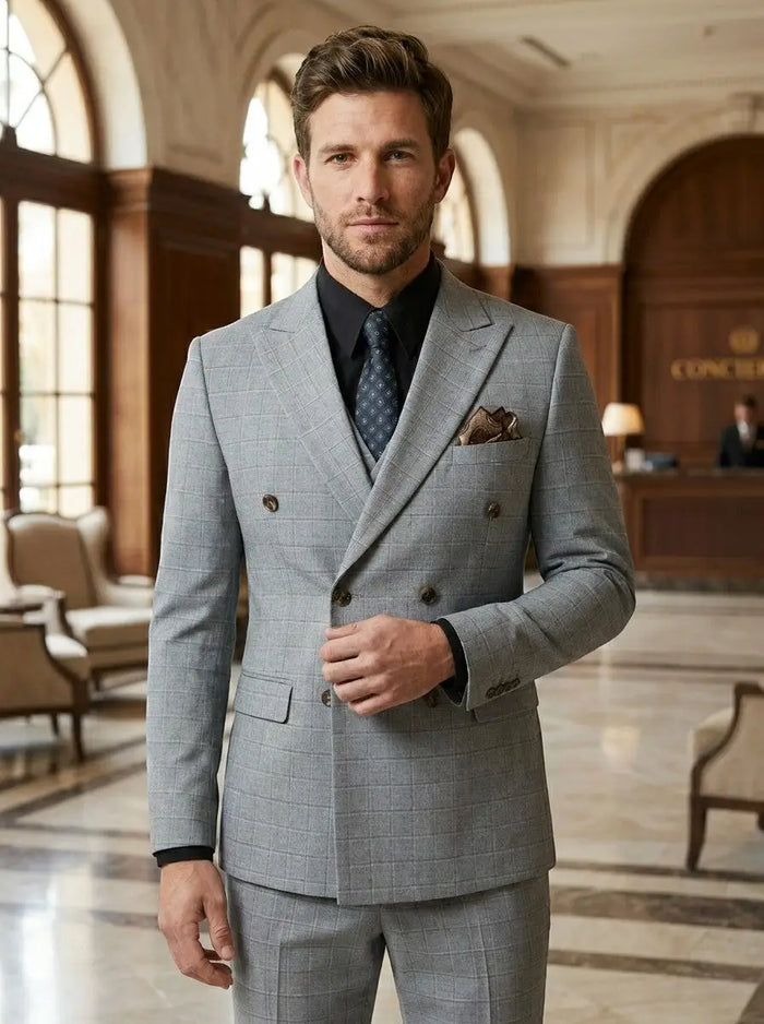 Men's lightweight check pattern three-piece suit from LondonLaneStore, tailored formal wedding attire with jacket, vest, and trousers.
