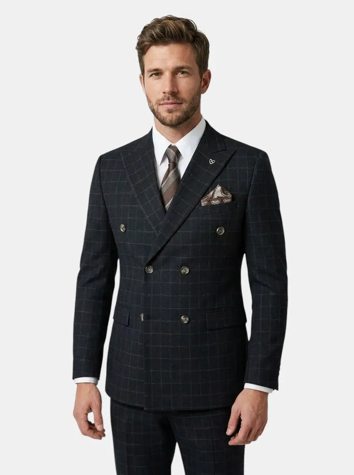 Men's lightweight check pattern three-piece suit by LondonLaneStore, tailored formal wedding attire with jacket, vest, and trousers.