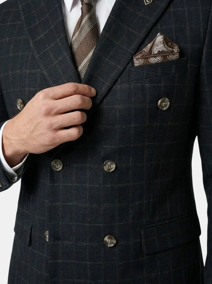 Men's lightweight check pattern three-piece suit from LondonLaneStore, tailored formal wedding attire with jacket, vest, and trousers.