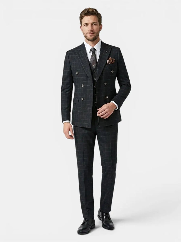 Men's lightweight check pattern three-piece suit by LondonLaneStore, tailored formal wedding attire with jacket, vest, and trousers.
