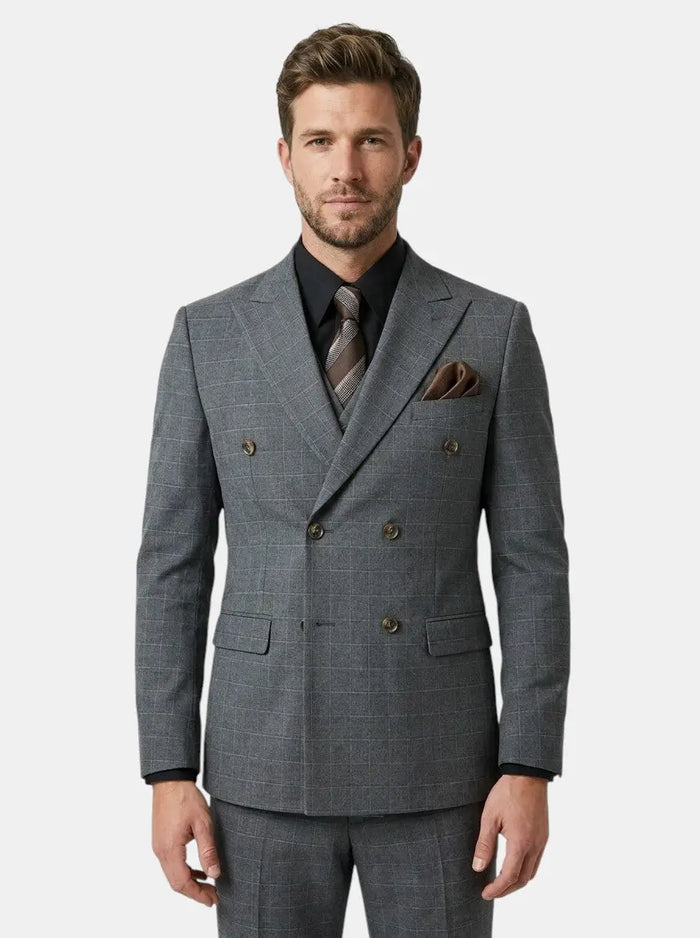 Men's lightweight check pattern three-piece suit from LondonLaneStore, tailored formal wedding attire with jacket, vest, and trousers.