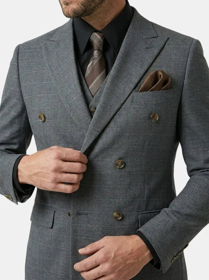 Men's lightweight check pattern three-piece suit in tailored fit, ideal for formal weddings and elegant occasions.