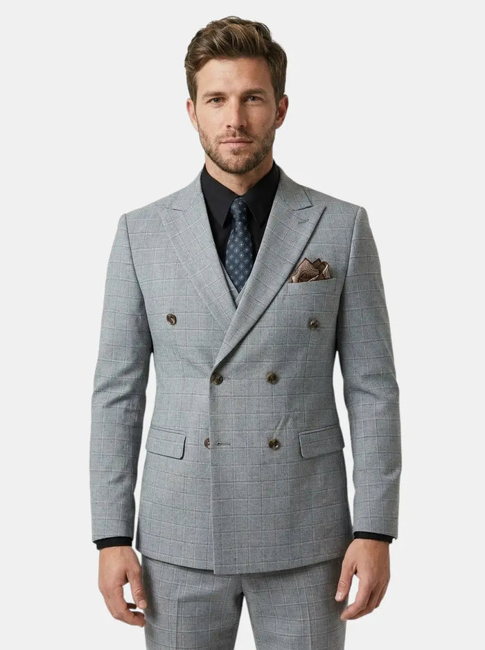Men's lightweight check pattern three-piece suit by LondonLaneStore, tailored formal wedding attire, featuring a jacket, vest, and trousers.