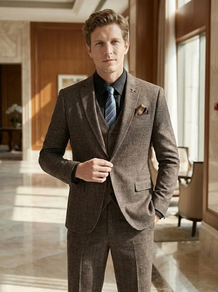 Men's lightweight check pattern three-piece suit by LondonLaneStore, slim fit formal wedding attire with jacket, vest, and trousers.