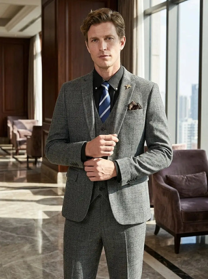 Men's lightweight check pattern three-piece suit by LondonLaneStore, slim fit formal wedding attire with jacket, vest, and trousers.