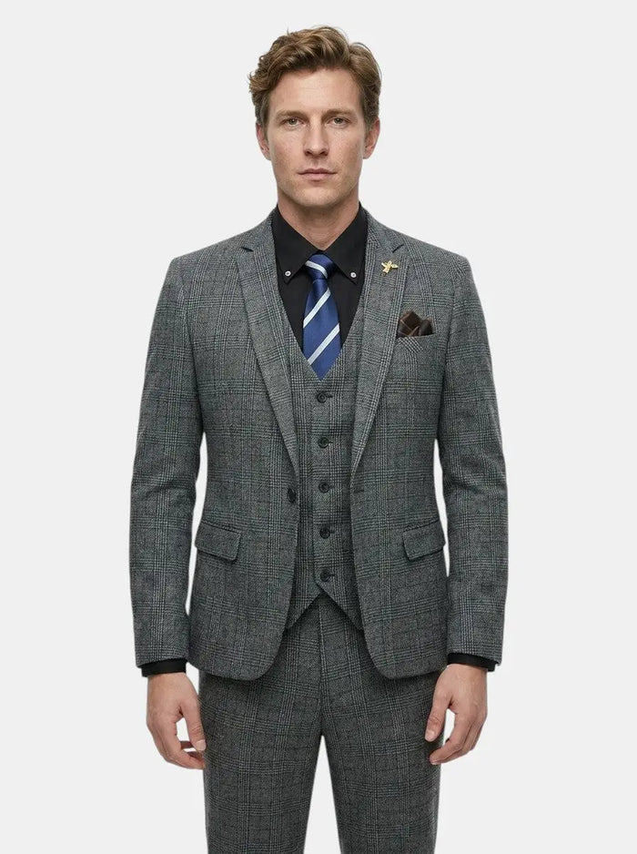 Men's lightweight check pattern three-piece suit by LondonLaneStore, slim fit formal wedding attire, featuring jacket, vest, and trousers.