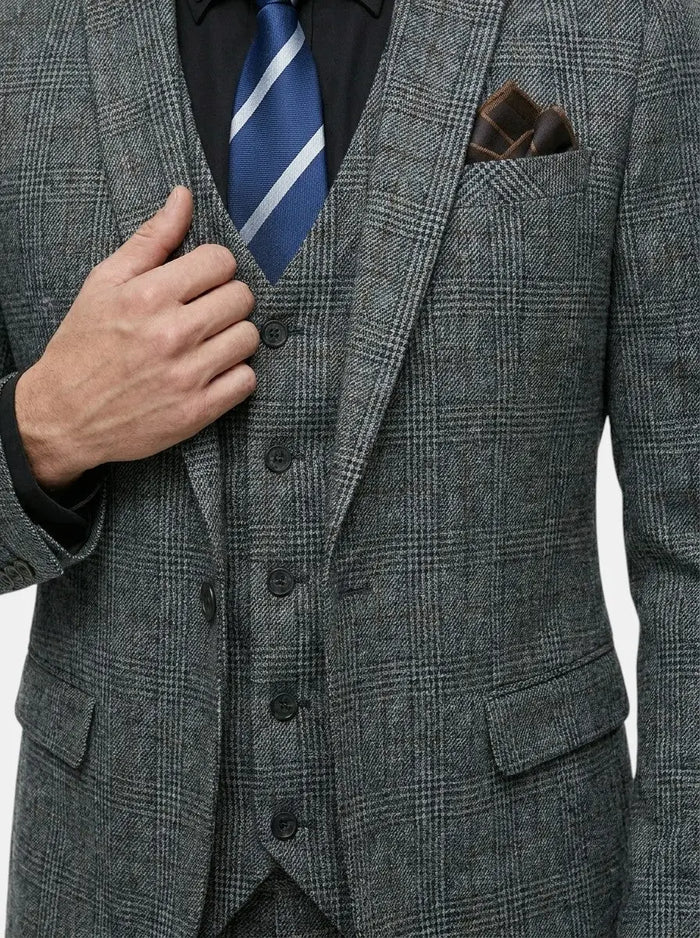 Men's lightweight check pattern three-piece suit by LondonLaneStore, slim fit formal wedding attire with jacket, vest, and trousers.