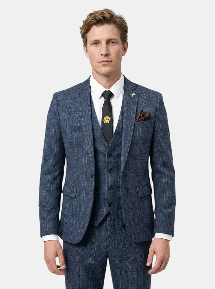 Men's lightweight check pattern three-piece suit by LondonLaneStore, slim fit formal wedding attire with jacket, vest, and trousers.