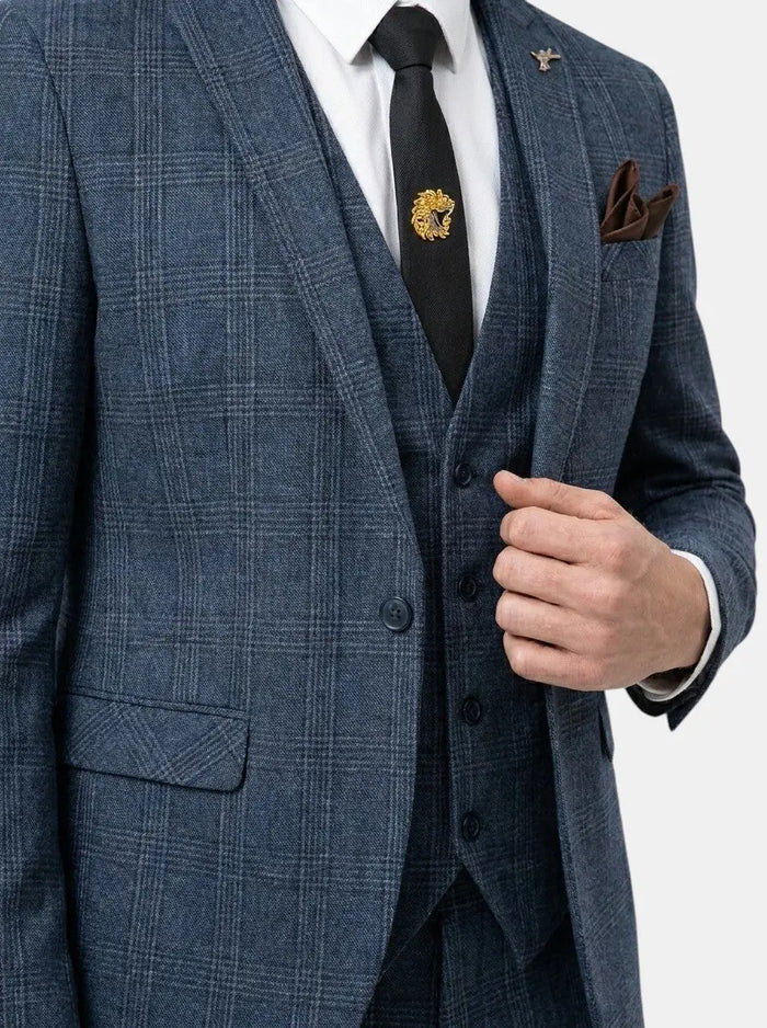 Men's lightweight check pattern three-piece suit from LondonLaneStore, slim fit formal wedding attire with jacket, vest, and trousers.