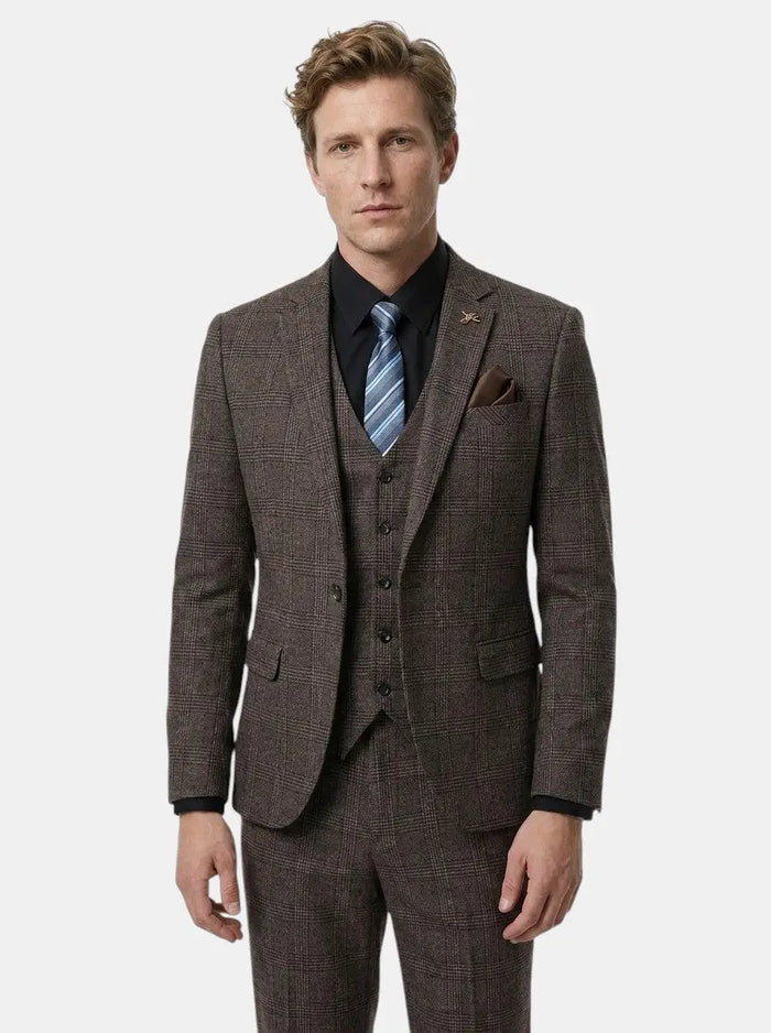 Men's lightweight check pattern three-piece suit by LondonLaneStore, slim fit formal wedding attire with jacket, vest, and trousers.