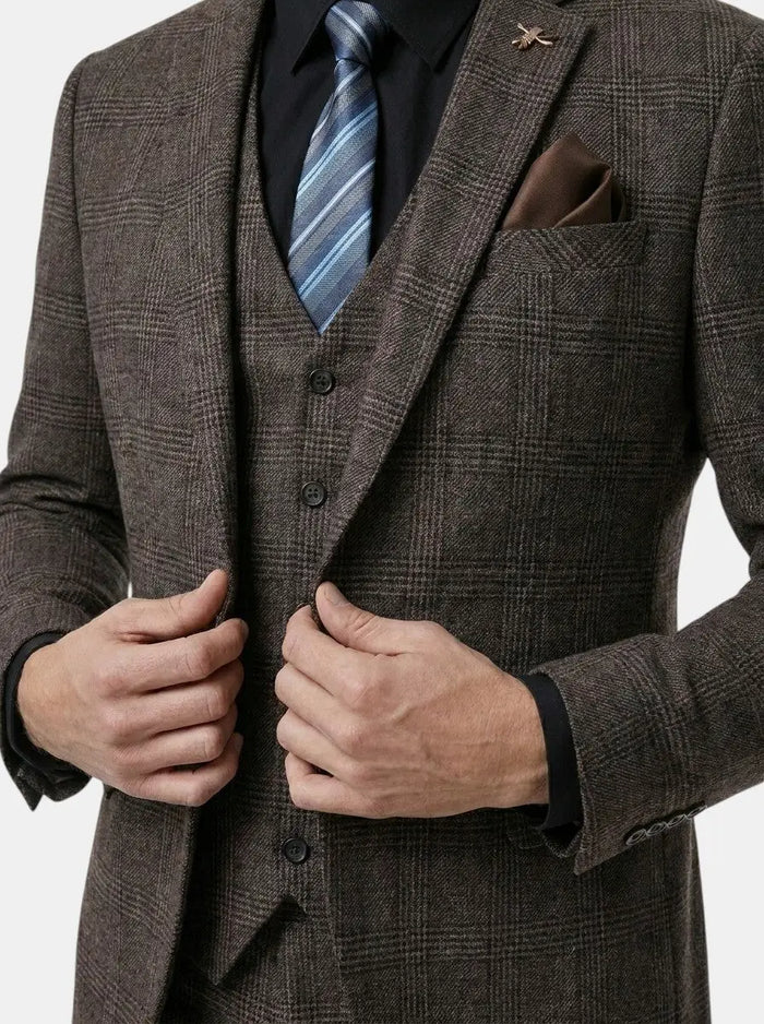 Men's lightweight check pattern three-piece suit in slim fit, ideal for formal weddings, shown in navy with matching vest and trousers.