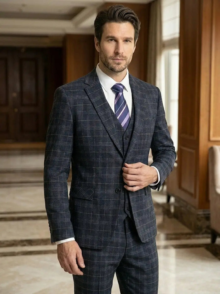 Men's lightweight checkered three-piece suit from LondonLaneStore, featuring a slim-fit design perfect for wedding attire.