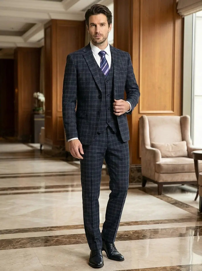 Men's lightweight checkered three-piece suit by LondonLaneStore, slim-fit design perfect for wedding or formal occasions.
