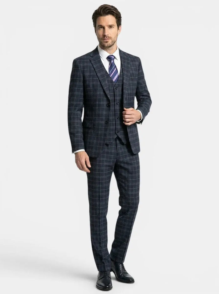 Men's lightweight checkered three-piece suit by LondonLaneStore, slim-fit wedding attire with a tailored jacket, vest, and trousers.