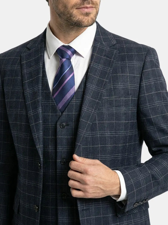 Men's lightweight checkered three-piece suit in slim fit, featuring a tailored blazer, vest, and matching trousers for wedding attire.