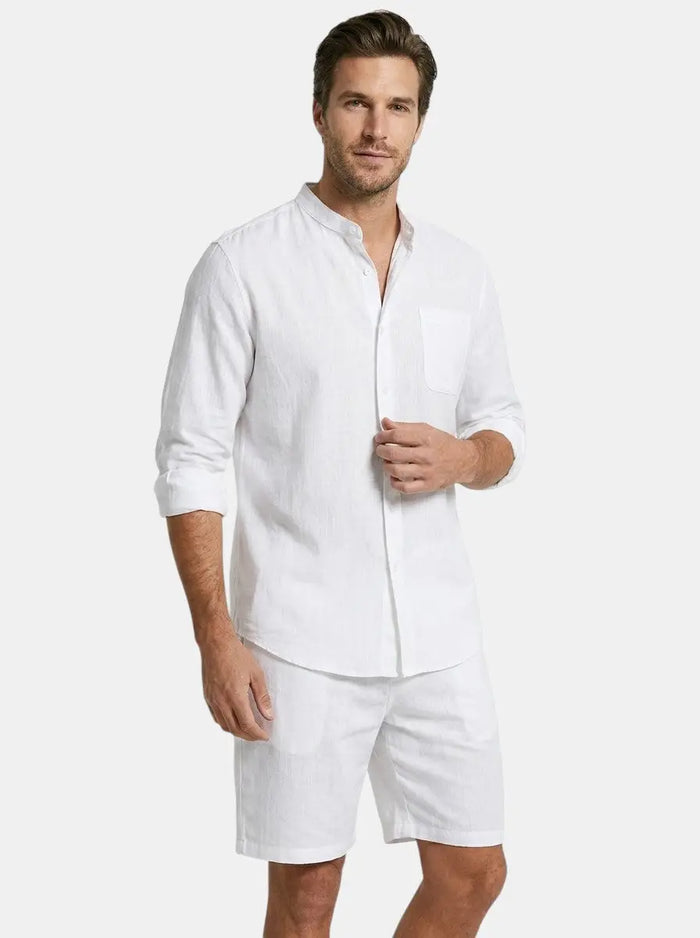 Men's lightweight cotton summer set with relaxed fit long sleeve shirt and shorts, casual and breathable for warm weather.