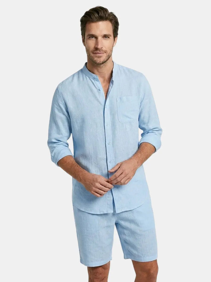 Men's lightweight cotton summer set with relaxed fit long sleeve shirt and shorts, ideal for warm weather, by LondonLaneStore.