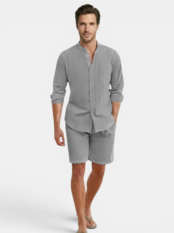 Men's lightweight cotton summer set with relaxed fit long sleeve shirt and shorts, perfect for warm weather, by LondonLaneStore.