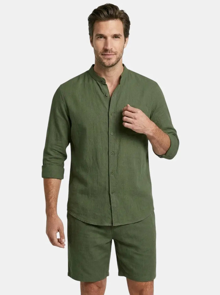 Men's lightweight cotton summer set with relaxed fit long sleeve shirt and shorts, ideal for warm weather and casual wear.