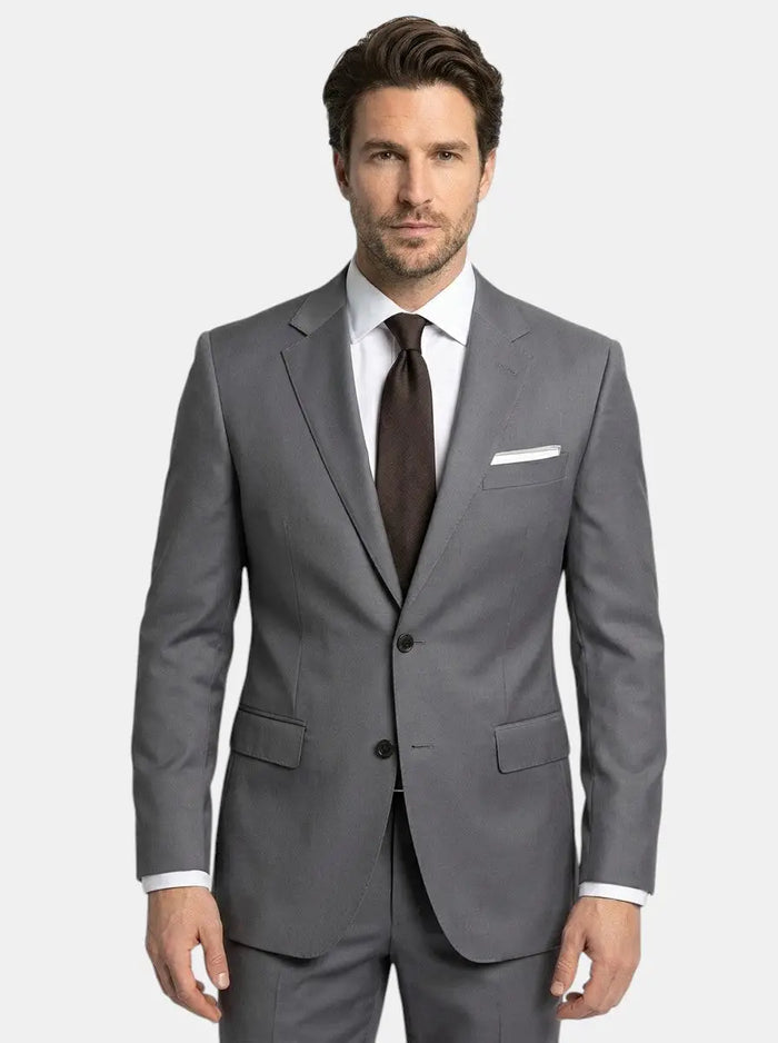 Men's lightweight fabric suit featuring a classic single-breasted jacket and slim-fit trousers, ideal for formal occasions.