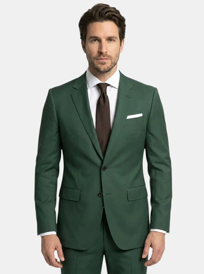 Men's lightweight fabric suit in classic slim fit, suitable for all seasons, shown on a hanger with neutral background.