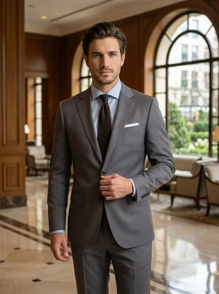 Men's lightweight fabric suit with slim fit single-breasted jacket, ideal for year-round occasions, shown in classic style.