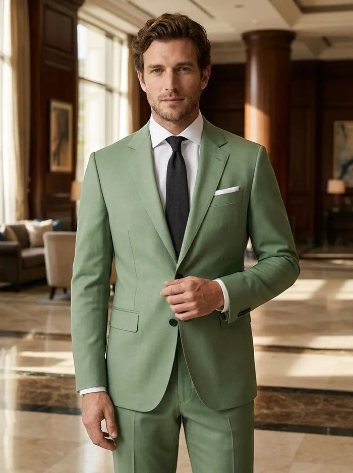 Men's lightweight fabric suit by LondonLaneStore with slim fit, single-button jacket, suitable for all seasons, shown on a hanger.