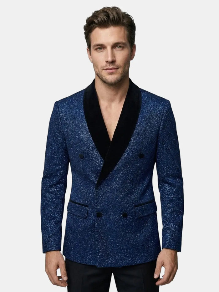 Men's lightweight fabric suit in classic slim fit, two-piece wedding outfit with lapel jacket and matching trousers.