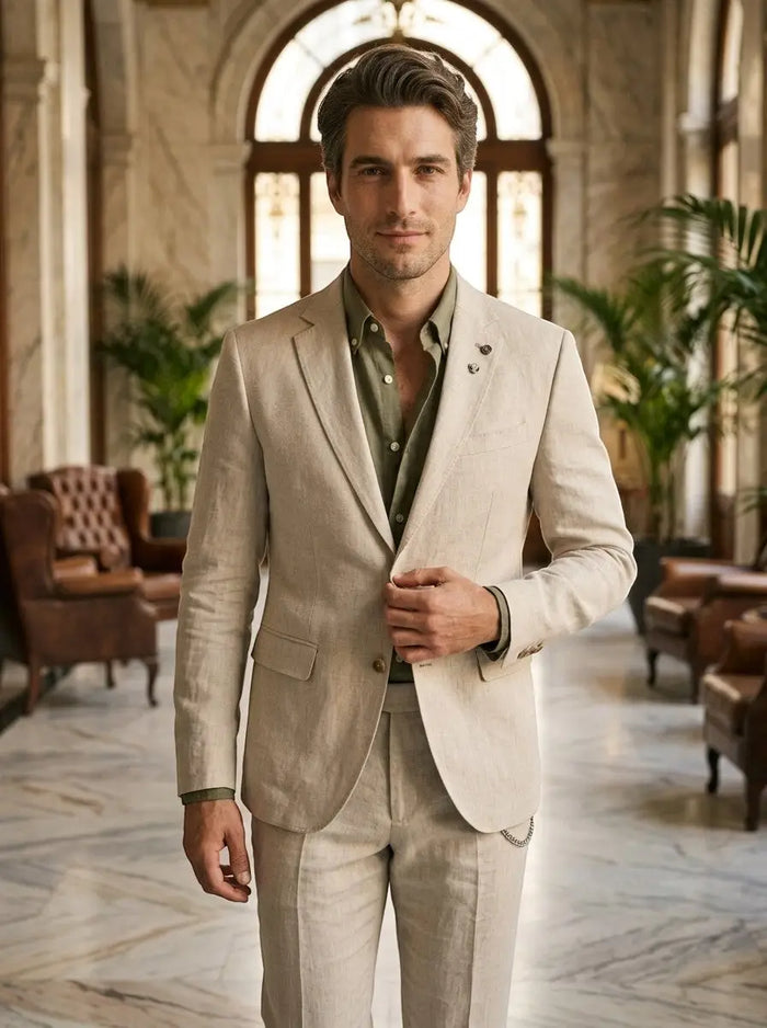 Men's lightweight fabric summer suit in slim-fit design, breathable formal attire, shown in a stylish men's suit image.