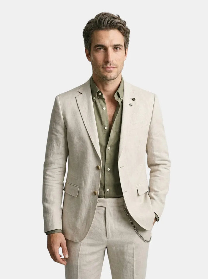 Men's lightweight fabric summer suit by LondonLaneStore, slim-fit breathable formal attire for warm weather, shown on a model.