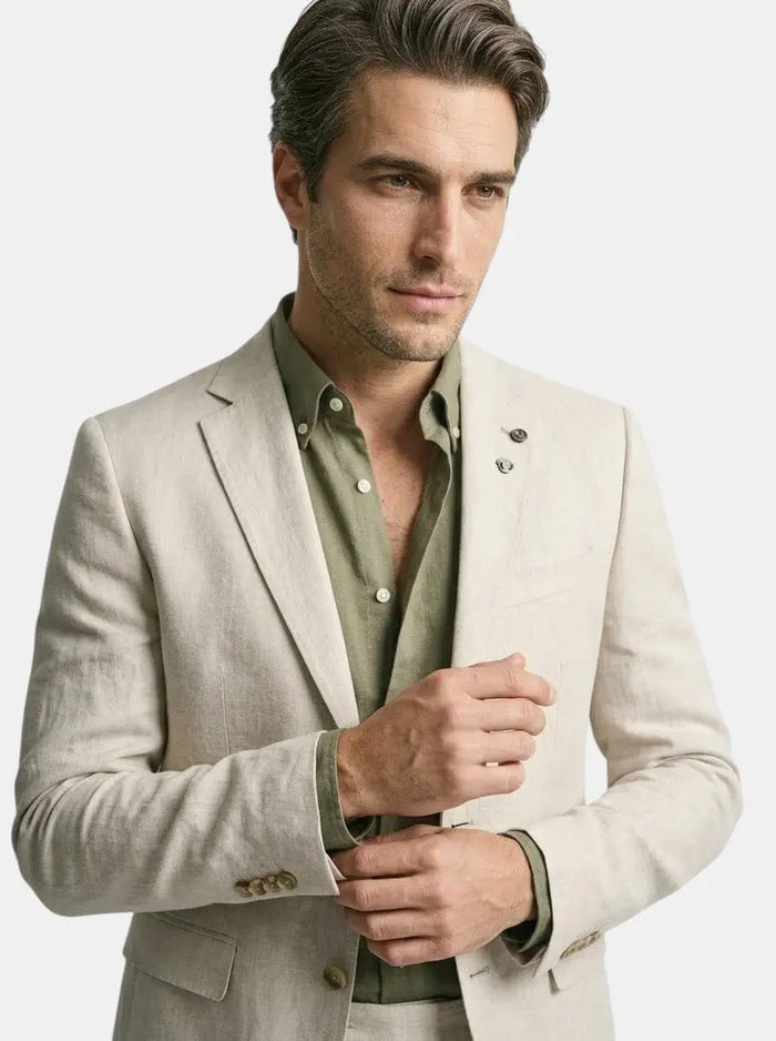 Men's lightweight fabric summer suit, slim-fit breathable formal attire in classic design, shown on a male model.