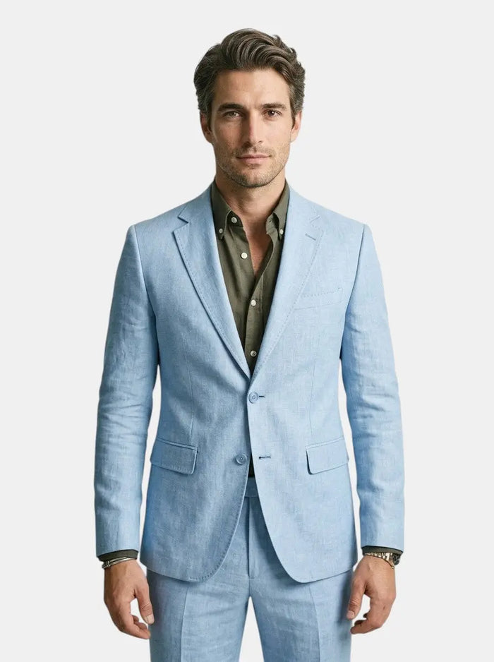 Men's lightweight fabric summer suit from LondonLaneStore, slim-fit breathable formal attire worn by a male model.