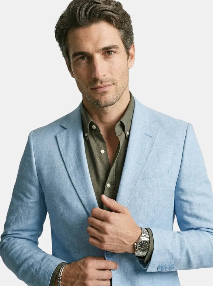 Men's lightweight fabric summer suit by LondonLaneStore, slim-fit breathable formal attire, shown in a stylish, tailored design.