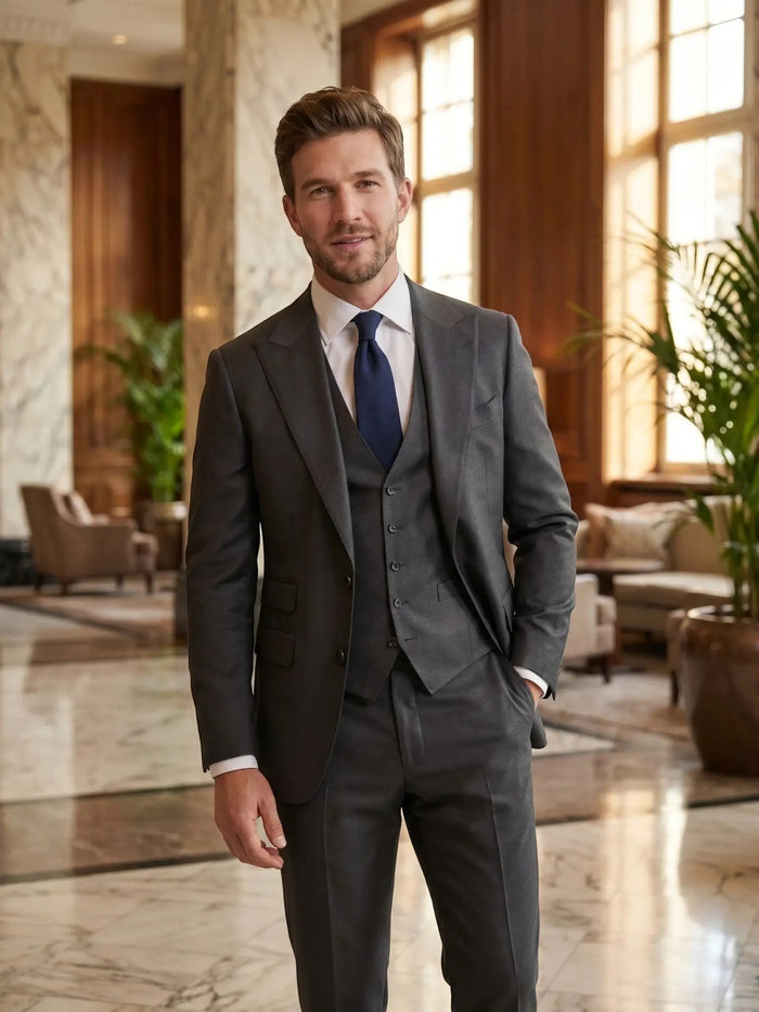 Men's lightweight fabric three-piece suit in slim fit, formal attire, featuring a jacket, vest, and trousers, stylish and elegant.
