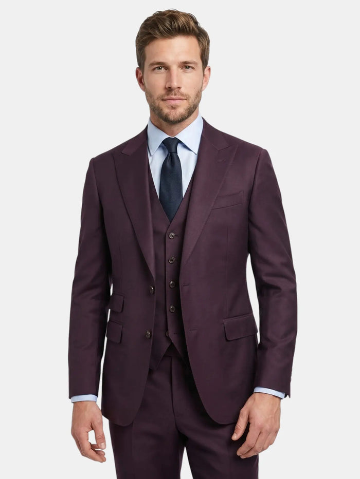 Men's lightweight fabric three-piece suit featuring a slim fit, elegant formal attire, tailored for a polished, professional look.