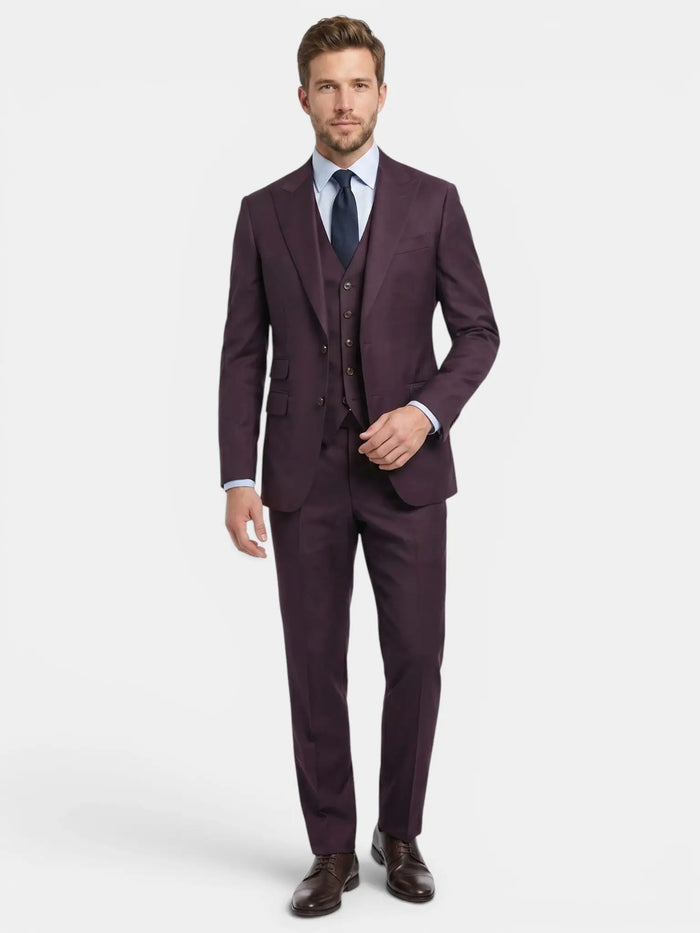 Men's lightweight fabric three-piece suit in slim fit, elegant formal attire, featuring a jacket, vest, and trousers.