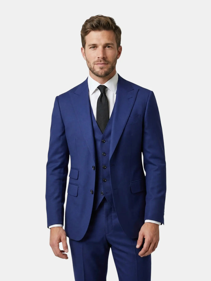 Men's lightweight fabric three-piece suit with slim fit, elegant formal attire, featuring jacket, vest, and trousers in classic style.