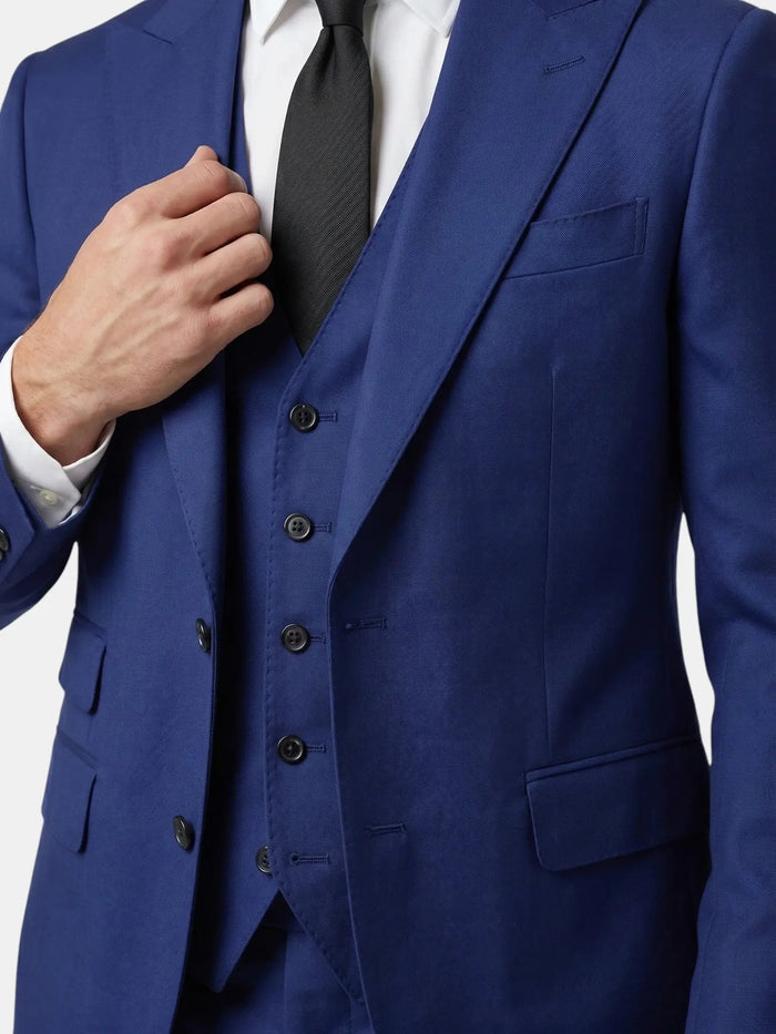 Men's lightweight fabric three-piece suit with slim fit, elegant formal attire, featuring a jacket, vest, and trousers in classic style.