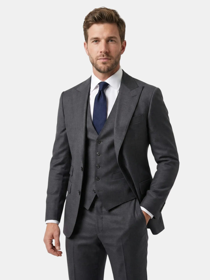 Men's lightweight fabric three-piece suit with slim fit, elegant formal attire, featuring a jacket, vest, and trousers in classic style.